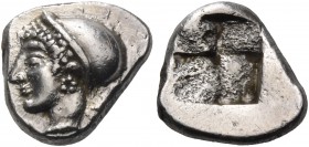 IONIA. Phokaia. Circa 521-478 BC. Diobol (Silver, 11 mm, 1.40 g). Head of a nymph to left, wearing plain sakkos, dotted circular earring, and a pearl ...