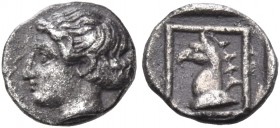 IONIA. Phokaia. Circa 360-340 BC. Hemiobol (Silver, 7 mm, 0.27 g, 6 h). Female head to left, her hair rolled up at the back. Rev. Head of a griffin to...