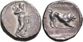 SATRAPS OF CARIA. Hekatomnos, circa 392/1-377/6 BC. Tetradrachm (Silver, 23 mm, 14.65 g), Halikarnassos. Zeus Labraundos standing right, wearing long ...
