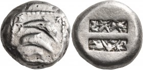 ISLANDS OFF CARIA, Karpathos. Poseidion. Circa 500-450 BC. Stater (Silver, 19 mm, 13.89 g, 12 h), c. 450. Two large dolphins leaping in opposing direc...