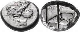 ISLANDS OFF CARIA, Rhodos. Ialysos. Circa 490-480 BC. Stater (Silver, 21 mm, 14.17 g, 12 h). Protome of winged boar flying to left; below, astragal. R...
