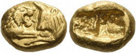 KINGS OF LYDIA. Kroisos, circa 560-546 BC. Hekte (Gold, 7 mm, 1.82 g), heavy standard, Sardes, c. 560-550. On the left, forepart of a lion to right co...