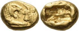 KINGS OF LYDIA. Kroisos, circa 560-546 BC. Trite (Gold, 10 mm, 2.68 g), light series, Sardes, c. 550-539. Confronted foreparts of a lion, on the left,...
