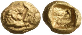 KINGS OF LYDIA. Kroisos, circa 560-546 BC. 1/12 Stater (Gold, 6 mm, 0.71 g), light series, Sardes, c. 550-539 BC. Confronted foreparts of a lion, on t...