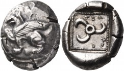 DYNASTS OF LYCIA. Tnnemi, circa 460-450 BC. Stater (Silver, 20 mm, 8.46 g). Griffin seated to the left, his right forepaw raised; above, uncertain sym...