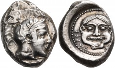 DYNASTS OF LYCIA. Kherei, circa 430-410 BC. Stater (Silver, 18 mm, 8.50 g, 1 h), Tlos. Helmeted head of Athena to right. Rev. ...ΤΛΡϜΕ Gorgoneion with...