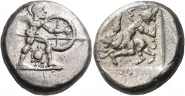 PAMPHYLIA. Aspendos. Circa 465-430 BC. Stater (Silver, 21 mm, 10.90 g, 11 h), c. 450-440. Warrior, nude but for his helmet, advancing to right, holdin...