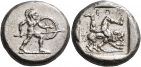 PAMPHYLIA. Aspendos. Circa 465-430 BC. Stater (Silver, 20.5 mm, 10.97 g, 5 h), c. 440-430. Warrior advancing to right, holding shield and spear. Rev. ...