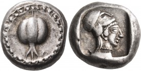 PAMPHYLIA. Side. Circa 460-430 BC. Stater (Silver, 18 mm, 10.74 g, 9 h). Pomegranate ( Punica granatum ) with remains of the blossom below; all within...