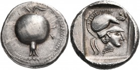 PAMPHYLIA. Side. Circa 430-400 BC. Stater (Silver, 23 mm, 9.25 g, 1 h). Pomegranate with its stem above and flower below. Rev. Head of Athena to right...