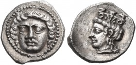 CILICIA. Tarsos. Tiribazos or Pharnabazos, circa 389-375 BC. Obol (Silver, 10 mm, 1.02 g, 9 h). Female head facing, wearing pendant earrings and a hai...