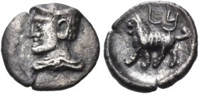 CILICIA. Uncertain. Early 4th century BC. Hemiobol (Silver, 7 mm, 0.33 g, 9 h). Draped bust of Hermes to left, wearing petasos. Rev. bēth lāmadh, in A...