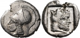 CYPRUS. Lapethos. Uncertain king, circa 425 BC. Stater (Silver, 21 mm, 11.24 g, 2 h). Head of Athena to left, wearing crested Corinthian helmet; on th...