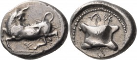 CYPRUS. Paphos. Ti.... ?, circa 470-450 BC. Stater (Silver, 22 mm, 11.10 g, 12 h). Man-headed bull moving to left on ground line, his bearded head tur...