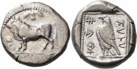 CYPRUS. Paphos. Stasandros, circa 440-425 BC. Stater (Silver, 22 mm, 11.08 g, 10 h). Bull standing to left on line of pellets above a line of bead and...