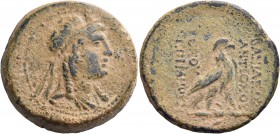 SELEUKID KINGS OF SYRIA. Antiochos IV Epiphanes, 175-164 BC. AE (Bronze, 25 mm, 18.18 g, 1 h), bevelled edge, Antioch, 169-168. Draped bust of Isis to...