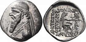 KINGS OF PARTHIA. Mithradates II, 121-91 BC. Drachm (Silver, 21 mm, 4.18 g, 12 h), Ekbatana, 109-96/5. Diademed bust of Mithradates to left, wearing e...