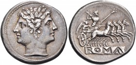 Anonymous, c. 225-214/212 BC. Quadrigatus (Silver, 20 mm, 6.79 g, 6 h), Rome. Laureate janiform head. Rev. Jupiter, holding scepter in his left hand a...