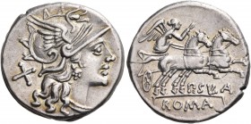 Pub. Sulla, 151 BC. Denarius (Silver, 17 mm, 4.03 g, 9 h), Rome. Helmeted head of Roma to right; behind, X (=value mark). Rev. ROMA (in relief on tabl...