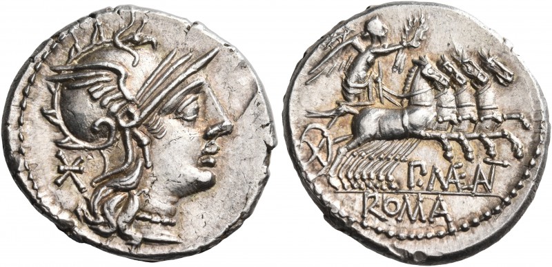 P. Maenius Antiacus M.f, 132 BC. Denarius (Silver, 18 mm, 4.03 g, 10 h), Rome. H...