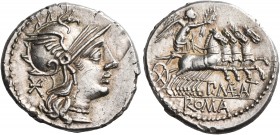 P. Maenius Antiacus M.f, 132 BC. Denarius (Silver, 18 mm, 4.03 g, 10 h), Rome. Helmeted head of Roma to right; behind, XVI monogram. Rev. P.MAE ANT / ...