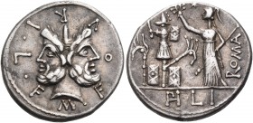 M. Furius L.f. Philus, 120 BC. Denarius (Silver, 18 mm, 3.77 g, 9 h), Rome. M.FOVRI.L.F. Laureate and bearded head of Janus. Rev. ROMA / PHILI Roma st...