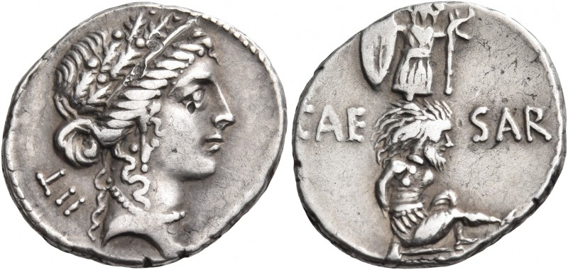 Julius Caesar, 48-47 BC. Denarius (Silver, 19 mm, 3.95 g, 3 h), Military mint tr...