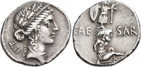Julius Caesar, 48-47 BC. Denarius (Silver, 19 mm, 3.95 g, 3 h), Military mint traveling with Caesar in Spain. Laureate female head (Clementia?) to rig...
