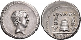 L. Livineius Regulus, 42 BC. Denarius (Silver, 17 mm, 4.00 g, 12 h), Rome. Bare head of Livineius Regulus to right. Rev. L.LIVINEIVS / REGVLVS Modius ...