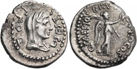 Q. Caepio Brutus and L. Sestius Pro. Q., spring-early summer 42 BC. Quinarius (Silver, 13. mm, 1.82 g, 12 h), mint moving with Brutus in southwestern ...
