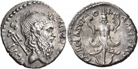 Sextus Pompey, 42-40 BC. Denarius (Silver, 18 mm, 3.66 g, 3 h), military mint in Sicily. MAG.PIVS. - IMP.ITER. Diademed and bearded head of Neptune to...