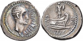 Cn. Domitius L.f. Ahenobarbus, 41 BC. Denarius (Silver, 18 mm, 3.99 g, 3 h), uncertain mint moving with Ahenobarbus. AHENOBAR Lighlty bearded male hea...