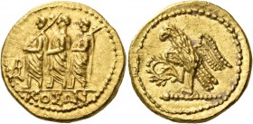 SKYTHIA. Geto-Dacians. Koson, circa 40-29 BC. Stater (Gold, 20 mm, 8.40 g, 12 h), Olbia (?). ΚΟΣΩΝ Three togate male figures walking to left, the firs...