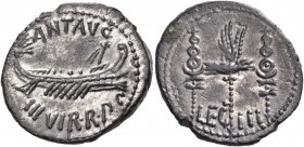 Mark Antony, 32-31 BC. Denarius (Silver, 19 mm, 3.61 g, 6 h), mint moving with Antony, perhaps Patrai, autumn 32-spring 31 BC. ANT.AVG / III.VIR.R.P.C...