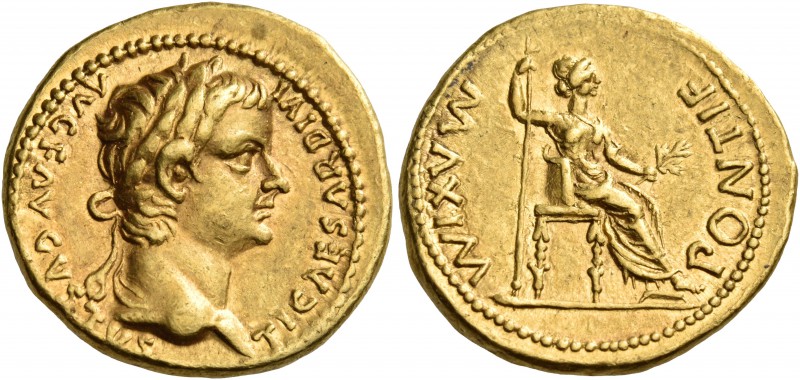 Tiberius, 14-37. Aureus (Gold, 19 mm, 7.76 g, 8 h), Lugdunum, late 20s-early 30s...