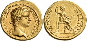 Tiberius, 14-37. Aureus (Gold, 19 mm, 7.76 g, 8 h), Lugdunum, late 20s-early 30s. TI CAESAR DIVI AVG F AVGVSTVS Laureate head of Tiberius to right. Re...