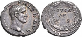 Galba, 68-69. Denarius (Silver, 18 mm, 3.33 g, 7 h), Rome, circa July 68 - January 69. IMP SER GALBA AVG Bare head of Galba to right. Rev. SPQR / OB /...