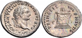 Domitian, as Caesar, 69-81. Denarius (Silver, 19 mm, 2.78 g, 6 h), struck under Titus, possibly in debased silver ( see below ), Rome, 80-81. CAESAR D...