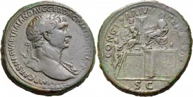 Trajan, 98-117. Sestertius (Orichalcum, 34 mm, 29.35 g, 6 h), Rome, 107-108. IMP CAES NERVAE TRAIANO AVG GER DAC P M TR P COS V P P Laureate bust of T...