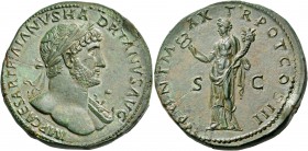 Hadrian, 117-138. Sestertius (Orichalcum, 36 mm, 29.96 g, 6 h), Rome, 121. IMP CAESAR TRAIANVS HA-DRIANVS AVG Laureate bust of Hadrian to right, with ...