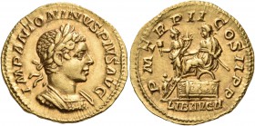 Elagabalus, 218-222. Aureus (Gold, 20.5 mm, 6.36 g, 12 h), Rome, 219. IMP ANTONINVS PIVS AVG Laureate and cuirassed bust of Elagabalus to right. Rev. ...