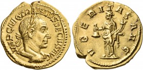 Trajan Decius, 249-251. Aureus (Gold, 19 mm, 4.61 g, 5 h), Rome, mid-late 250. IMP C M Q TRAIANVS DECIVS AVG Laureate and cuirassed bust of Trajan Dec...