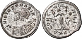 Probus, 276-282. Antoninianus (Billon, 23 mm, 4.04 g, 6 h), 280, Ticinum. VIRTVS PROBI AVG Radiate, helmeted and cuirassed bust of Probus to left, hol...