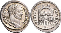 Diocletian, 284-305. Argenteus (Silver, 21 mm, 3.57 g), Rome, 295-297. DIOCLETI-ANVS AVG Laureate head of Diocletian to right. Rev. VIRTVS MILITVM / B...