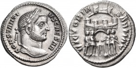 Constantius I, as Caesar, 293-305. Argenteus (Silver, 19 mm, 3.89 g, 12 h), Siscia, 294-295. CONSTANTI - VS CAESAR Laureate head of Constantius to rig...