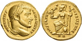 Maxentius, as Princeps and Caesar, 306-307. Aureus (Gold, 18 mm, 5.49 g, 12 h), Rome, early - March 307. MAXENTIVS - PRINC INVICT Laureate head of Max...