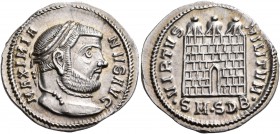 Galerius , 305-311. Argenteus (Silver, 20 mm, 3.41 g, 12 h), Serdica, 305. MAXIMIA - NVS AVG Laureate head of Galerius to right. Rev. VIRTVS MILITVM /...