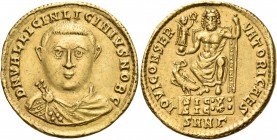 Licinius II, Caesar, 317-324. Aureus (Gold, 21 mm, 5.09 g, 12 h), Nicomedia, 321-322. DN VAL LICIN LICINIVS NOB C Bare-headed, draped and cuirassed bu...