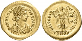 Theodosius II, 402-450. Tremissis (Gold, 15 mm, 1.51 g, 6 h), Constantinople, 408-420. D N THEODO - SIVS P F AVG Pearl-diademed, draped and cuirassed ...