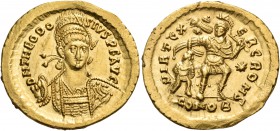 Theodosius II, 402-450. Solidus (Gold, 20 mm, 4.47 g, 6 h), Constantinople, 441. D N THEODO - SIVS P F AVG Helmeted, diademed and cuirassed bust of Th...